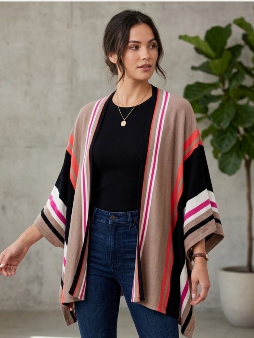 Jana Womens Sweater Cardigan Size XL Open Front Striped